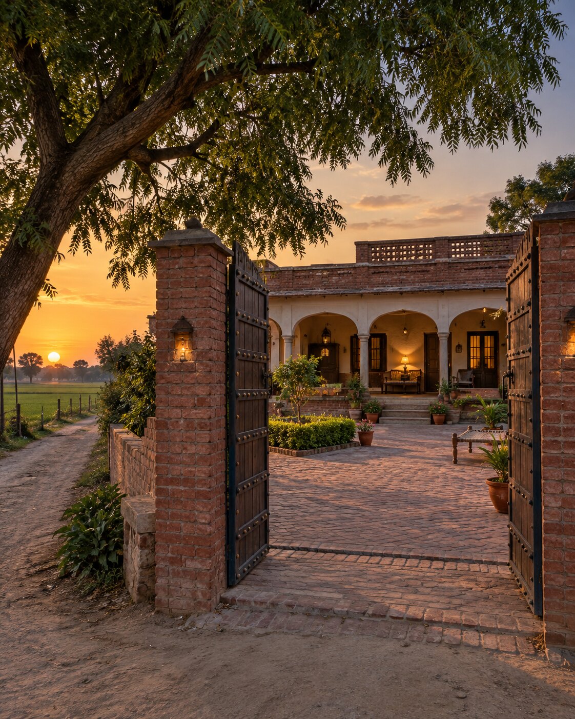 Traditional Punjabi courtyard home framed by an open gate at dusk