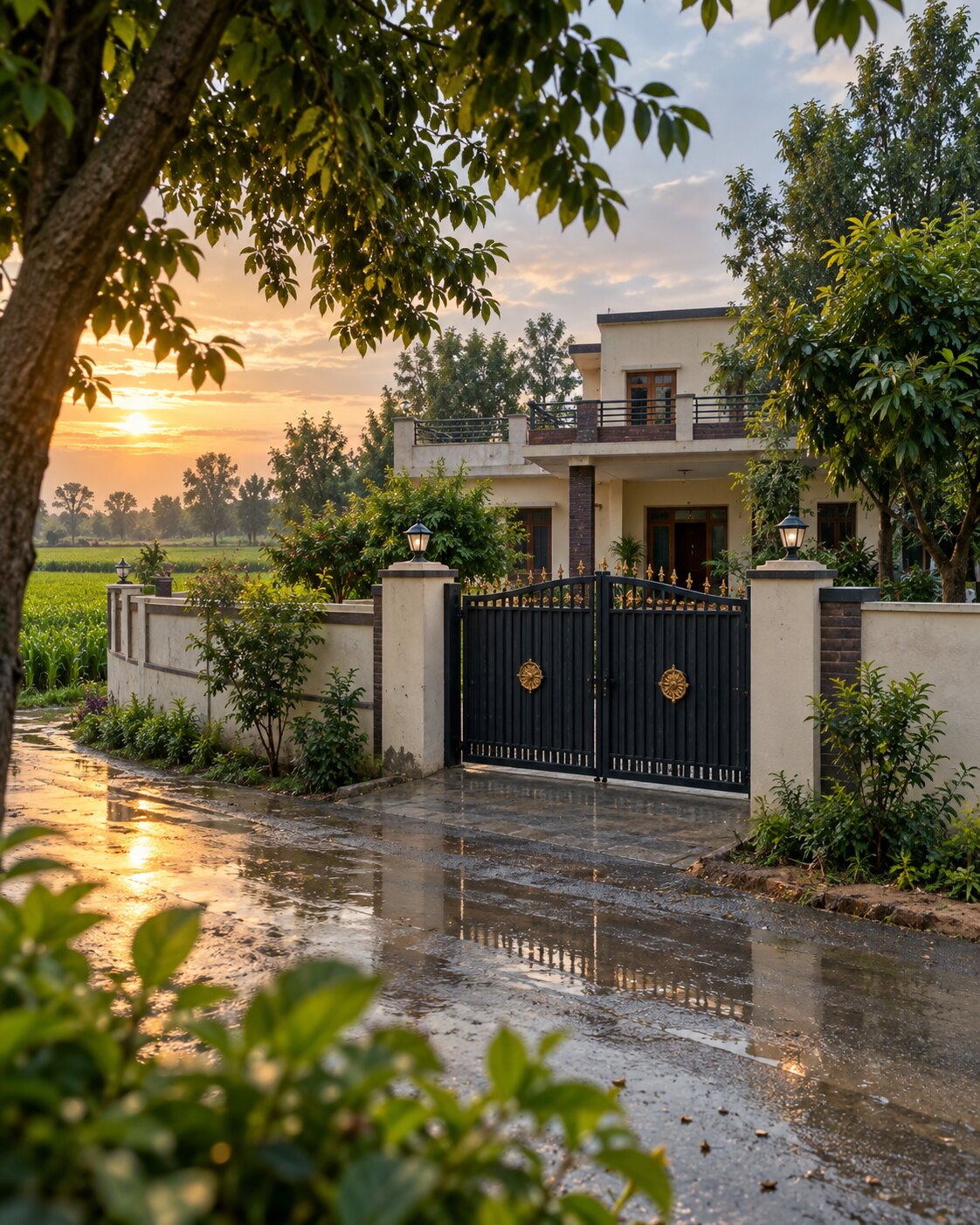 Family home behind a secure gate after rain in rural Punjab