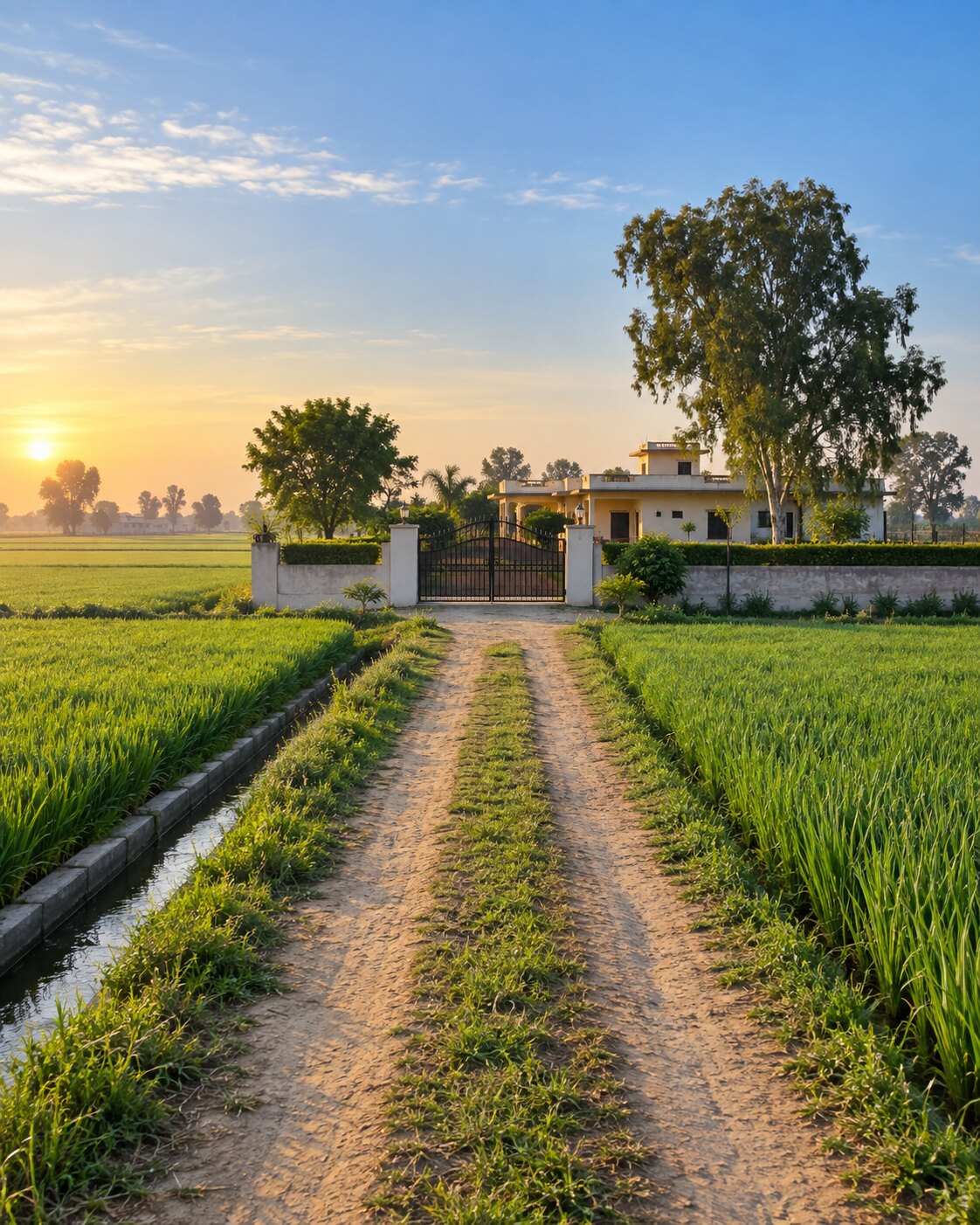 Gated farmhouse reached by a track through green fields in Punjab