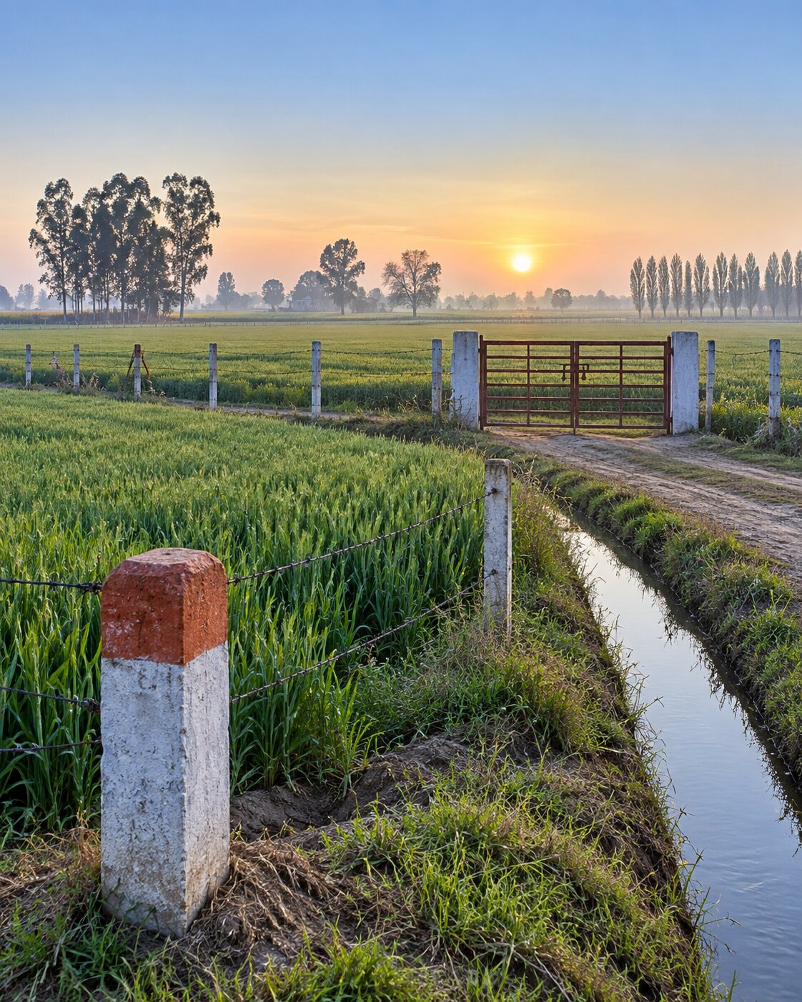 Agricultural field boundary posts, gate and irrigation channel in Punjab