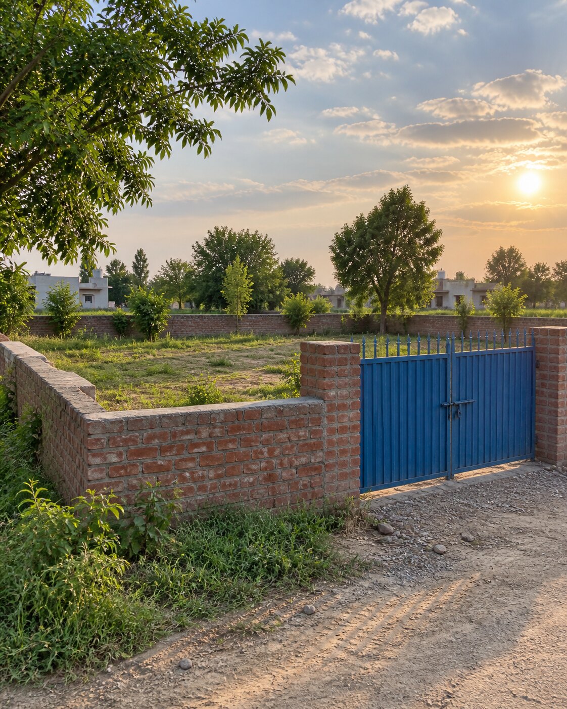 Vacant residential plot enclosed by a brick wall and blue gate